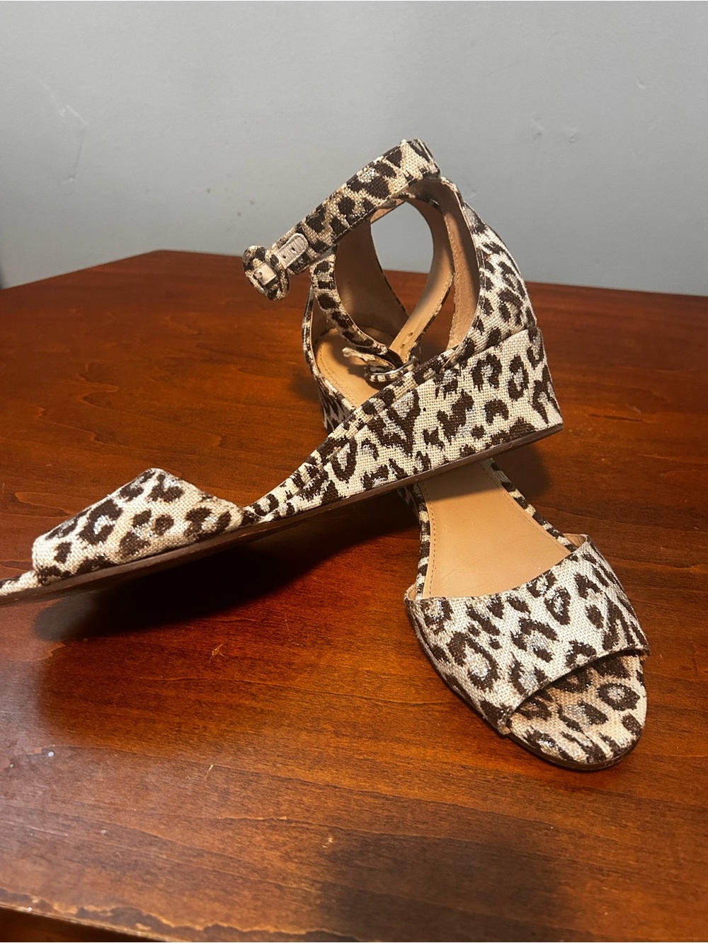Jcrew Laila Brown and metallic Leopard Print Ankle-Strap low Wedge Sandals 9.5